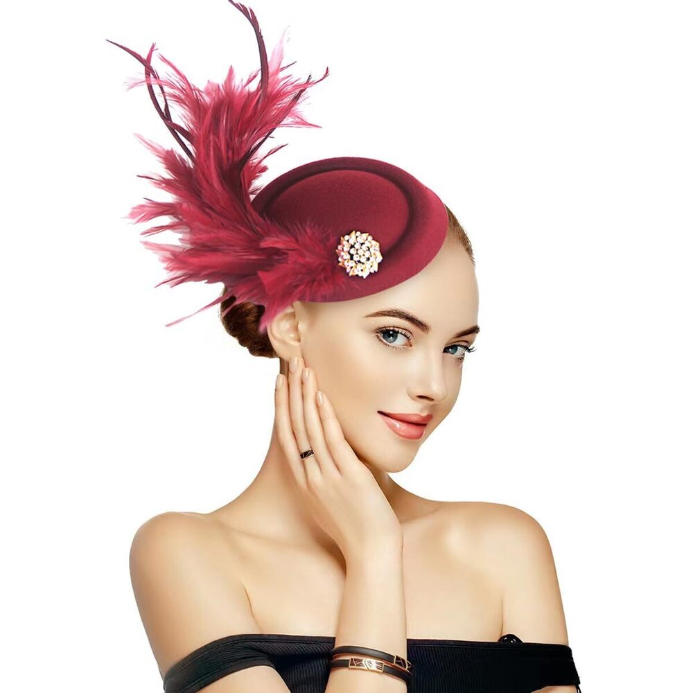 8946 Wine Red Fascinators Hat Feathers On A Headband And Clip 20s 50s